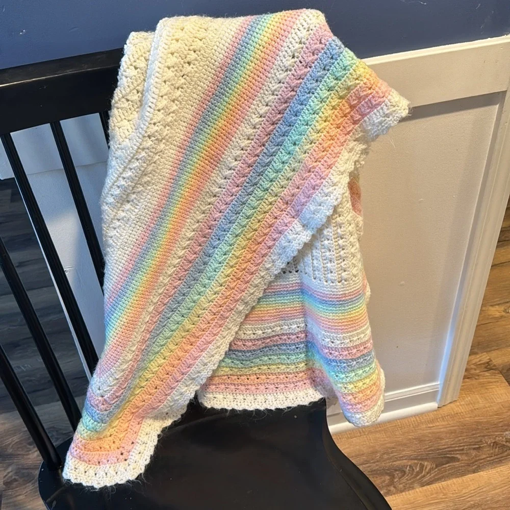 Crochet Rainbow Handmade Baby Blanket Afghan, Stroller Throw, White and Pastel